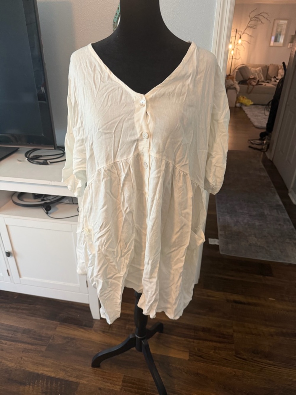Relaxed Ivory Midi Dress with Button Front